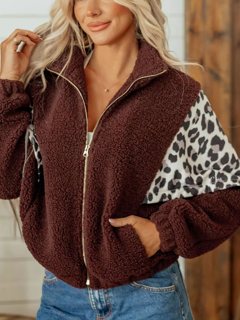 Leopard Patchwork Fleece Western Style Zip-up Collar Jacket, image 8