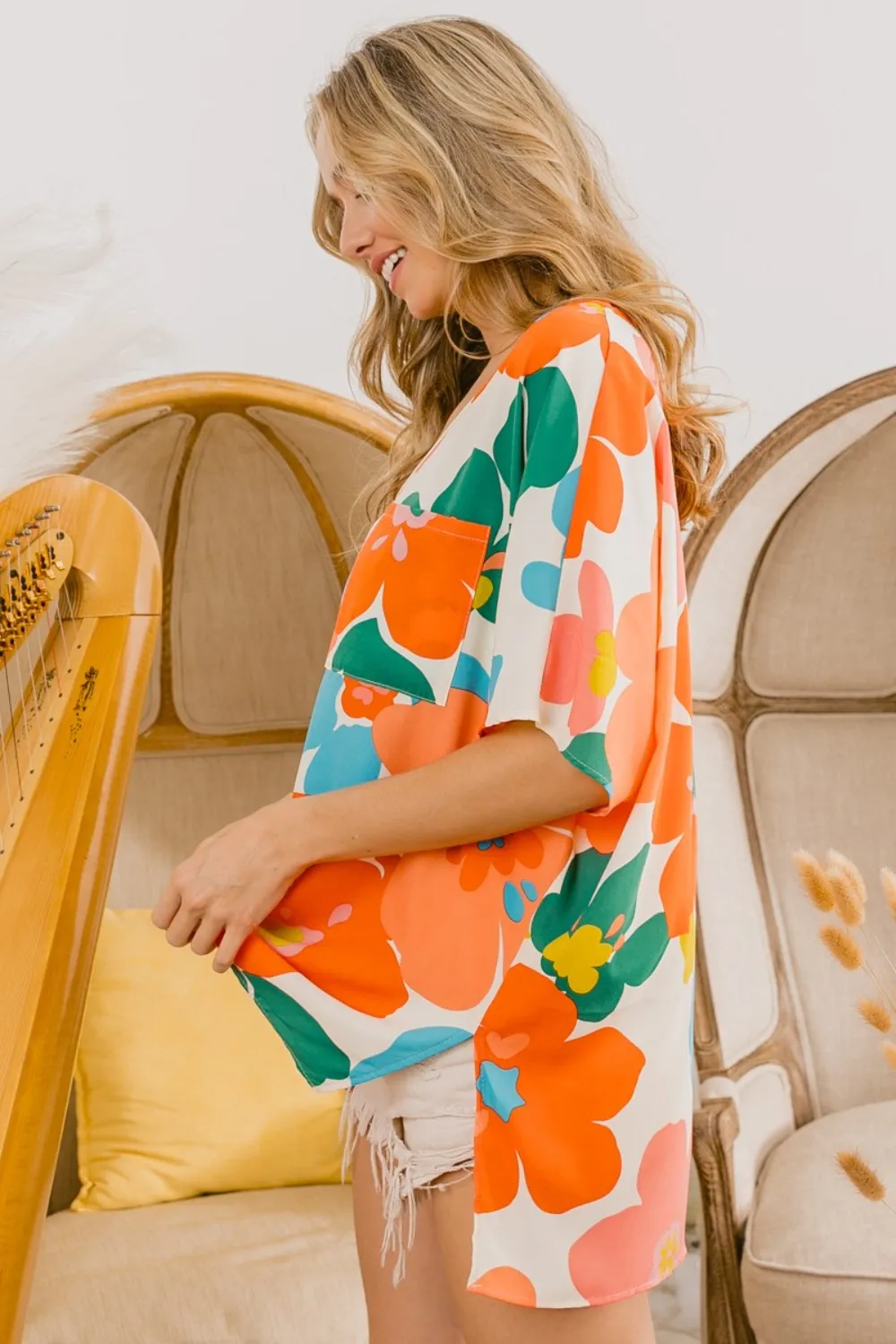 Floral V Neck Slit Side T-Shirt, image 3