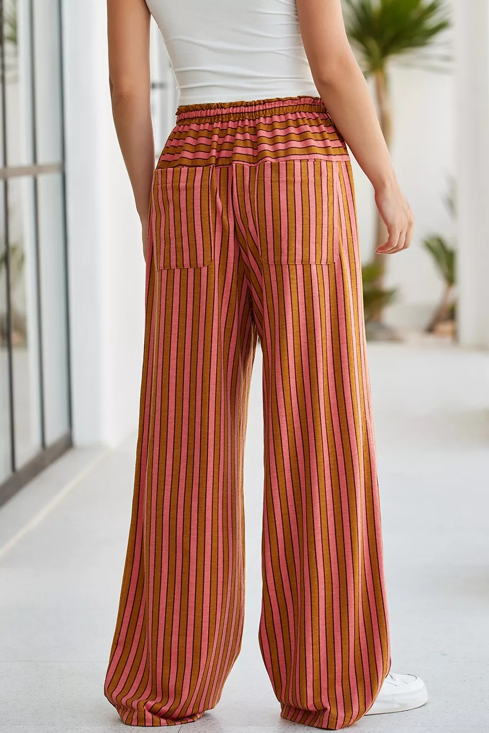 Stripe Button Pocket Tie Waist Casual Wide Leg Pants, image 4