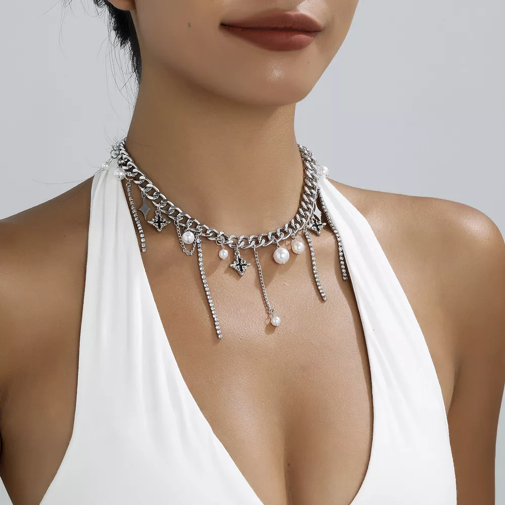Tassel Star‑Moon Synthetic Pearl Pendant Choker, image 2