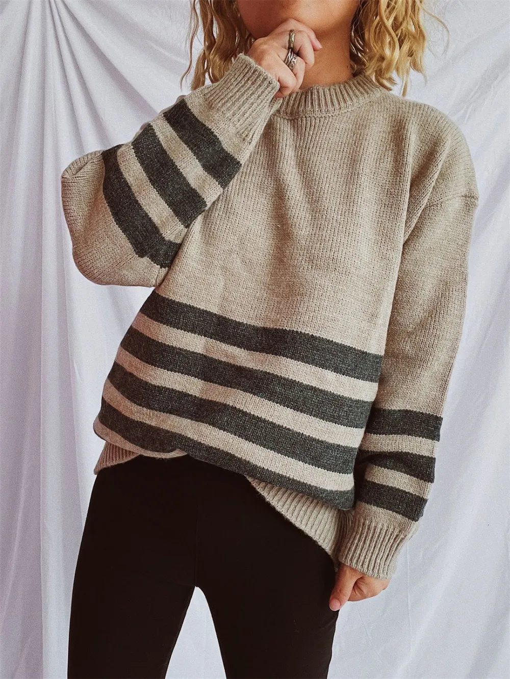 Striped Dropped Shoulder Long Sleeve Sweater, image 3