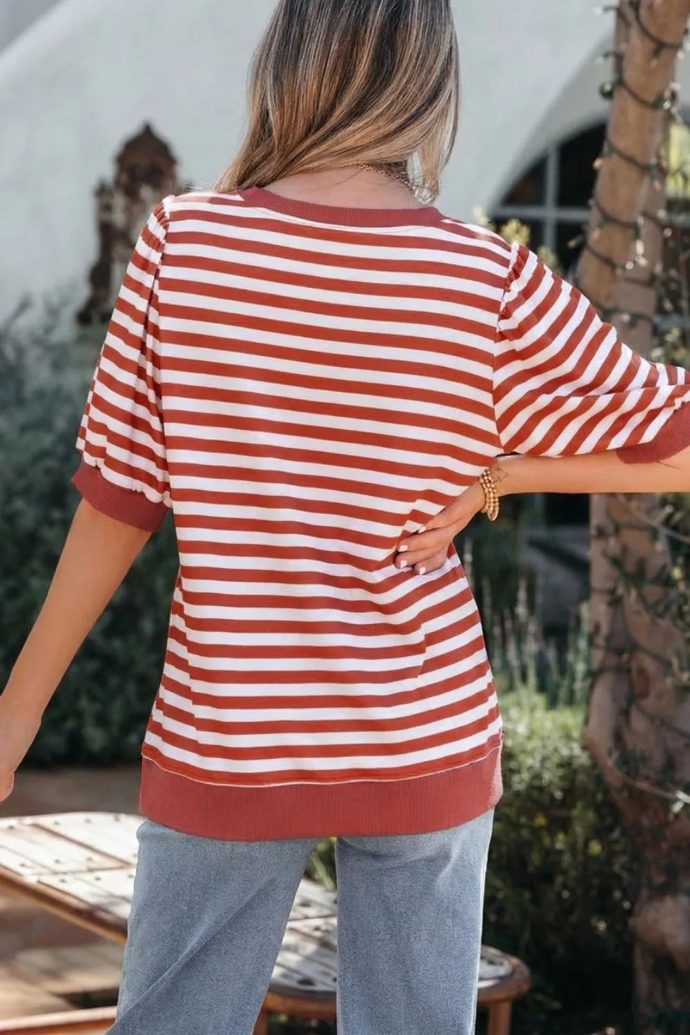 Striped Puff Sleeve Casual T-Shirt, image 4