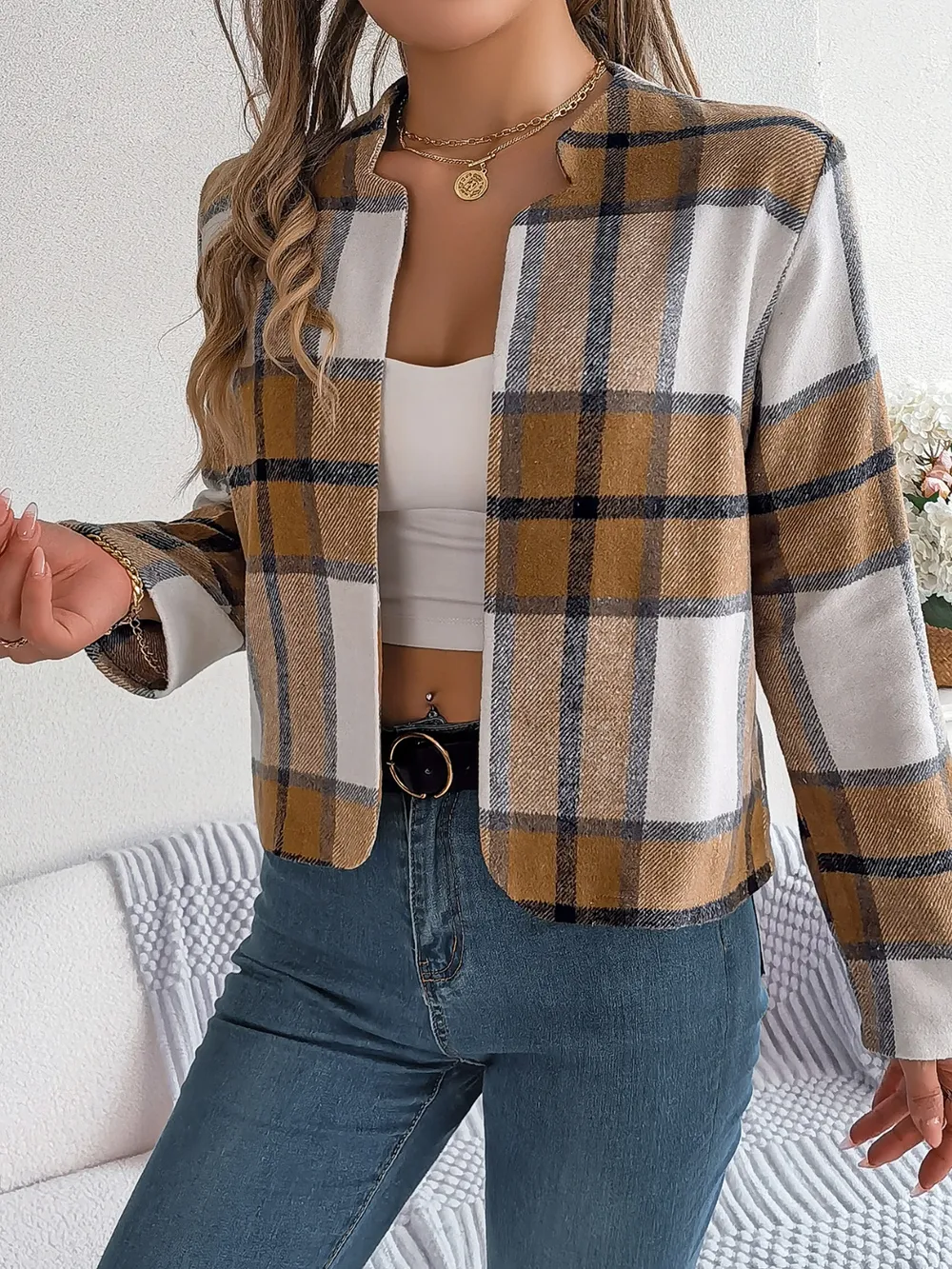 Plaid Open Front Long Sleeve Jacket, image 13