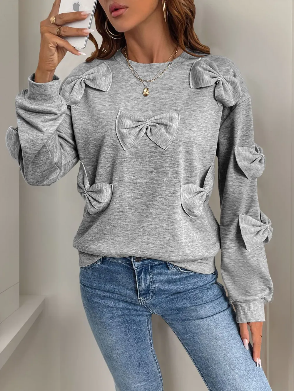 Bow Round Neck Long Sleeve Sweatshirt, image 5