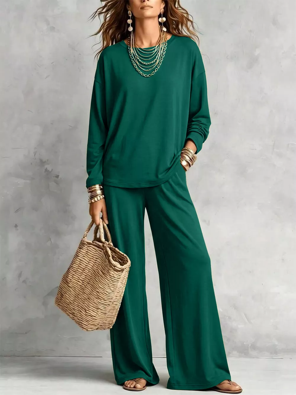 Round Neck T-Shirt and Wide-Leg Pants Set, image 10