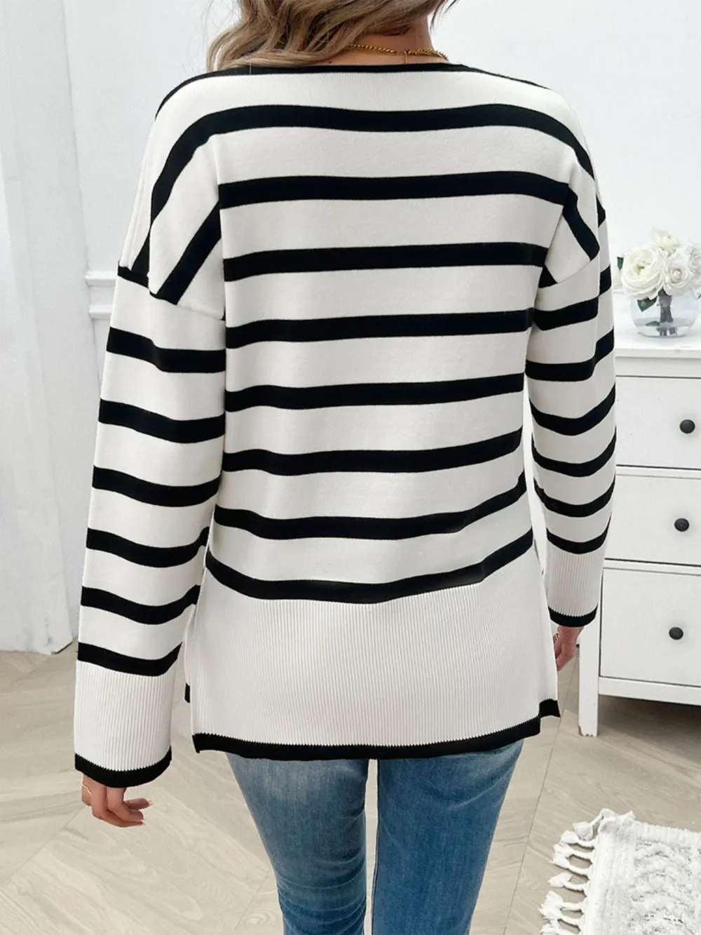 Striped V-Neck Long Sleeve Knit Top, image 3