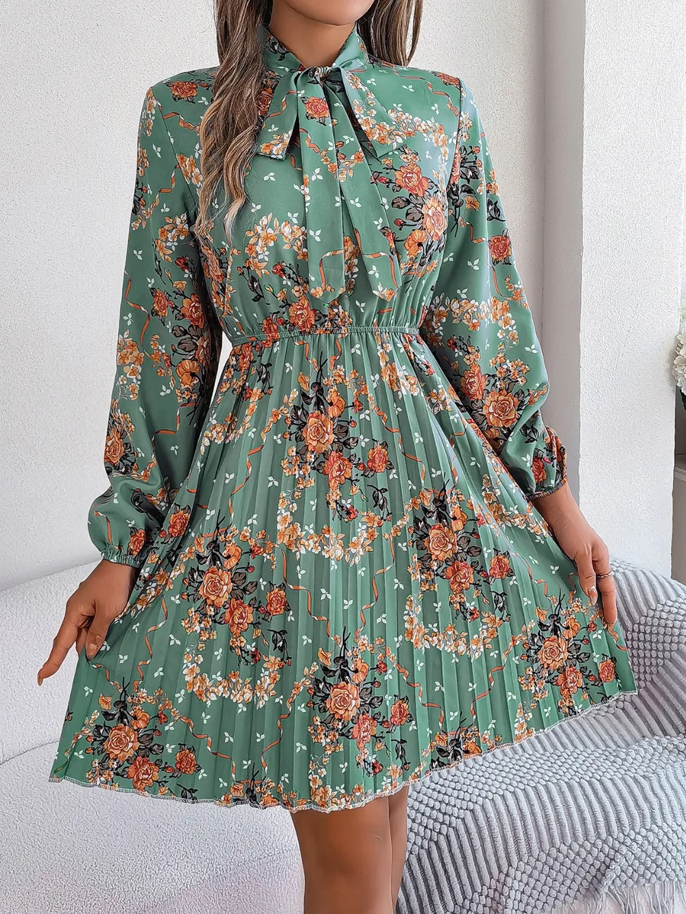 Pleated Printed Tie Neck Long Sleeve Dress, image 7