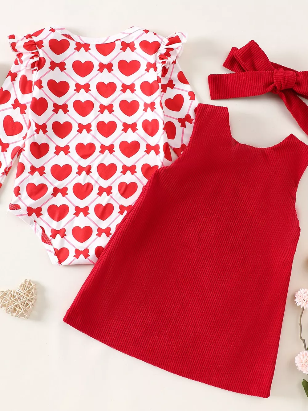 Children's Heart Print Bodysuit and Dress Outfit Set with Headband, image 3