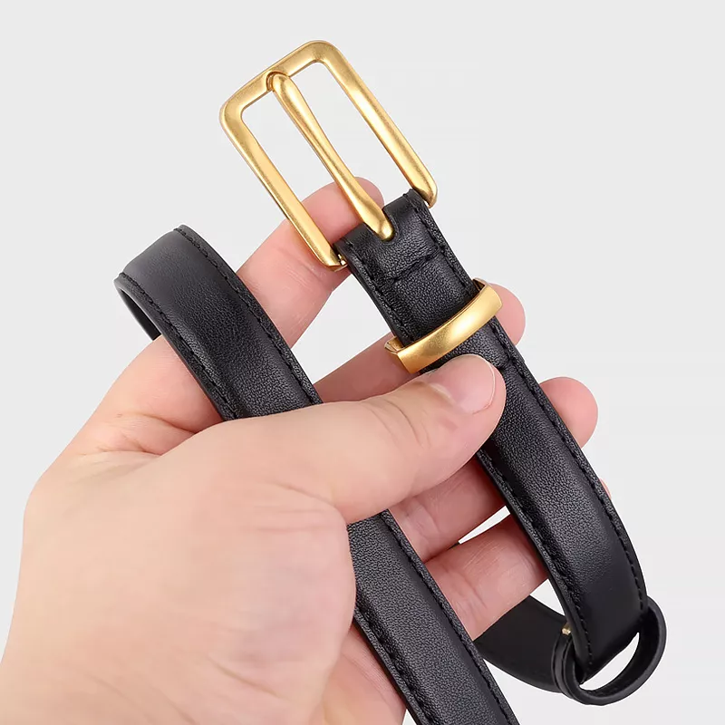Leather Skinny Belt with Golden Buckle, image 3