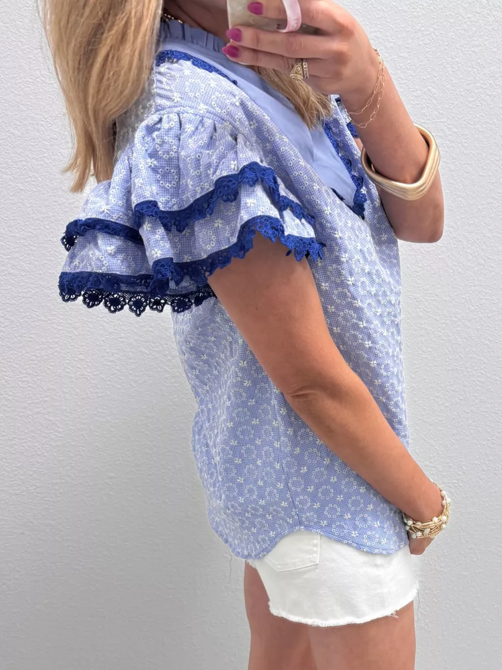 Eyelet Embroidered Flower Texture Contrast Lace Trim Flutter Sleeve Blouse, image 15