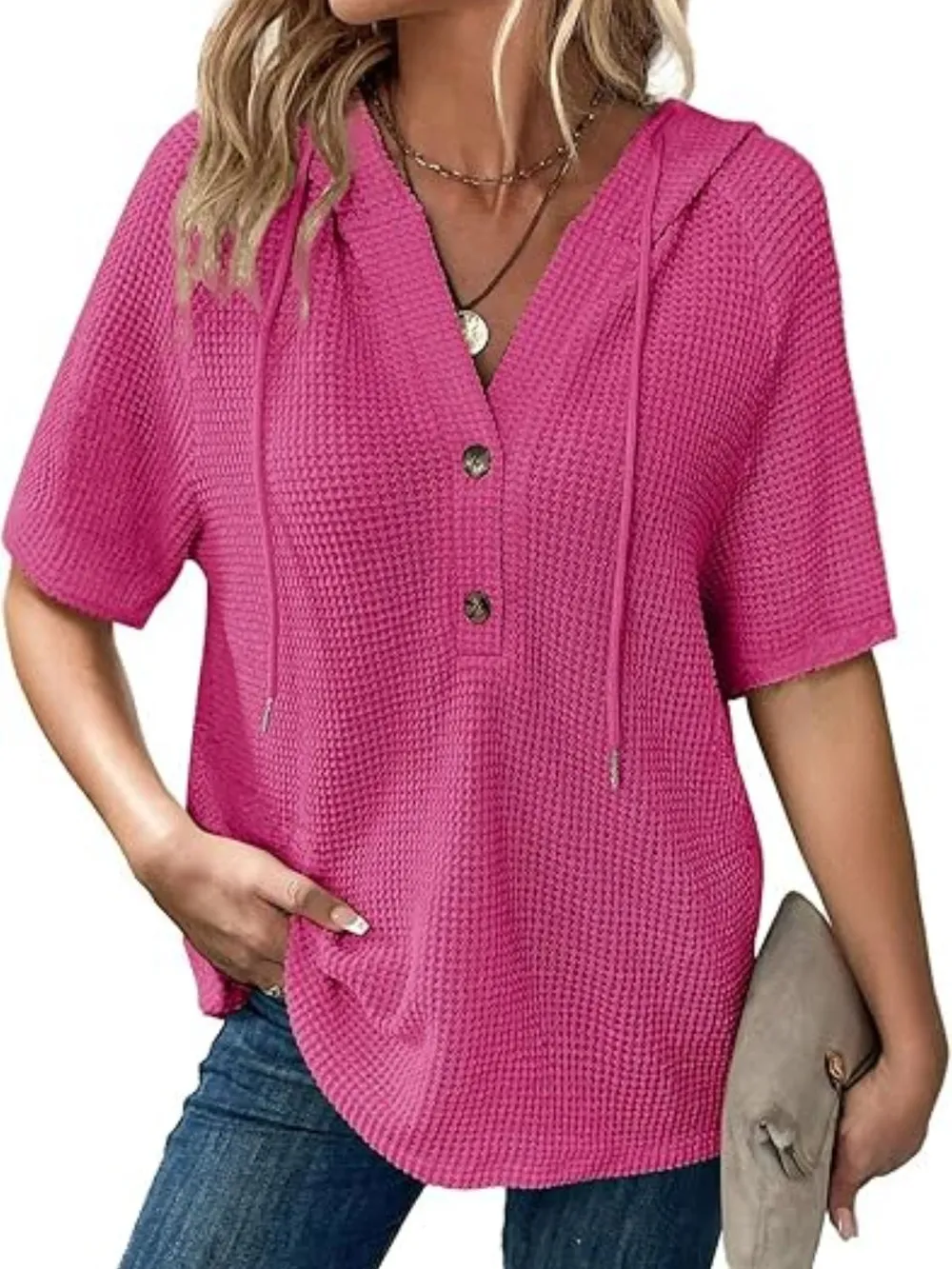 Drawstring Waffle-Knit Short Sleeve Hooded Top, image 20