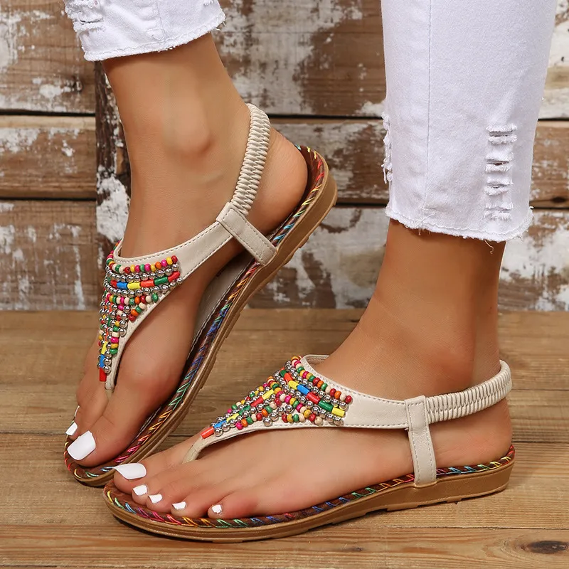 PU Leather Beaded Flat Sandals, image 4