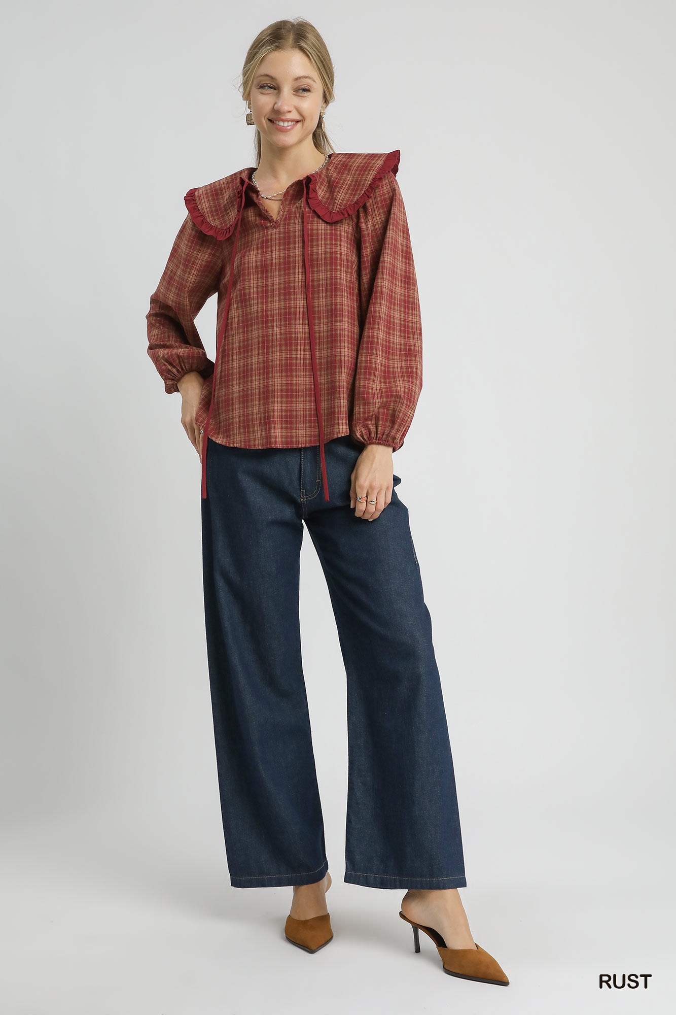 Full Size Plaid Ruffle Collar Blouse Plus Size, image 4