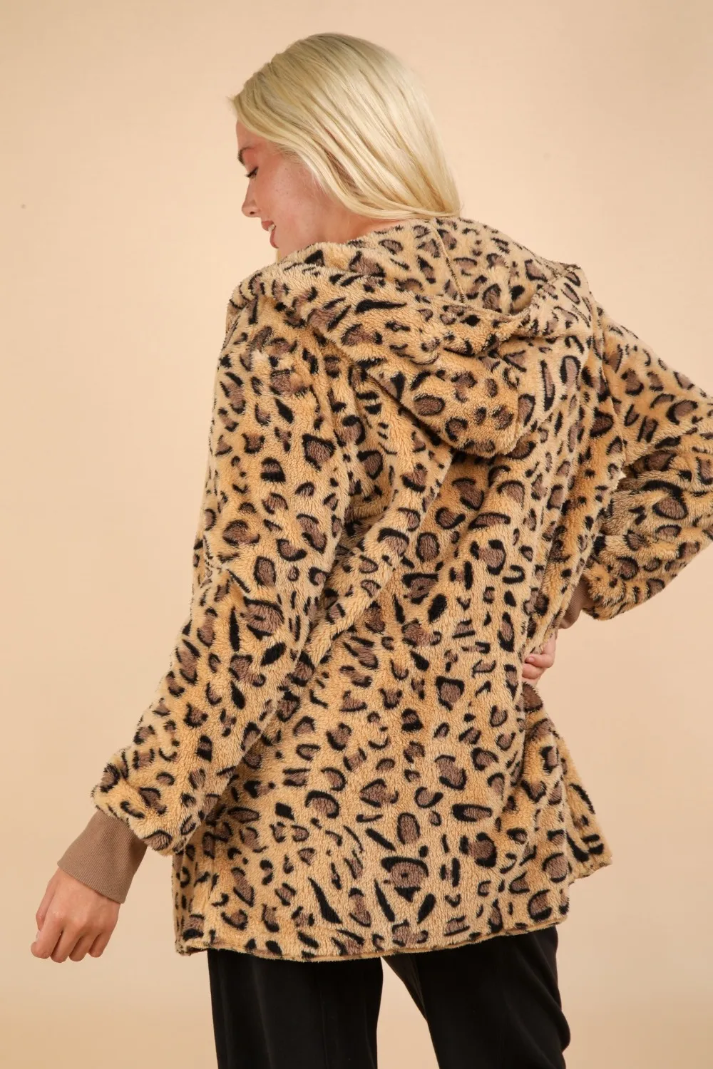 Fuzzy Leopard Long Sleeve Hooded Jacket, image 2