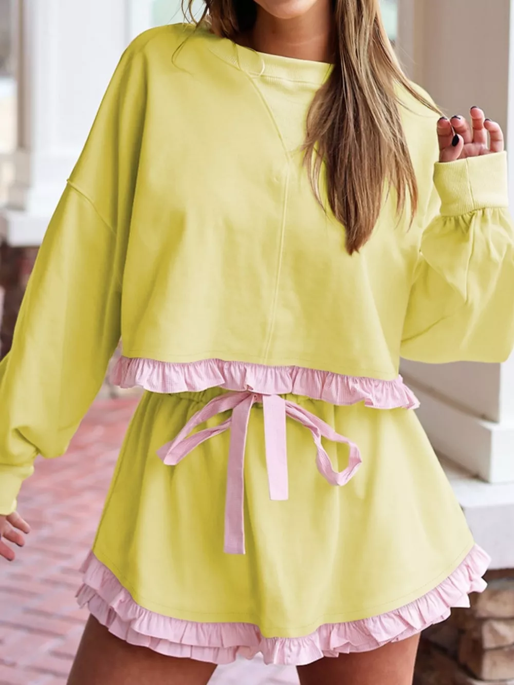 Contrast Frill Hem Round Neck Top and Shorts Set, image 5