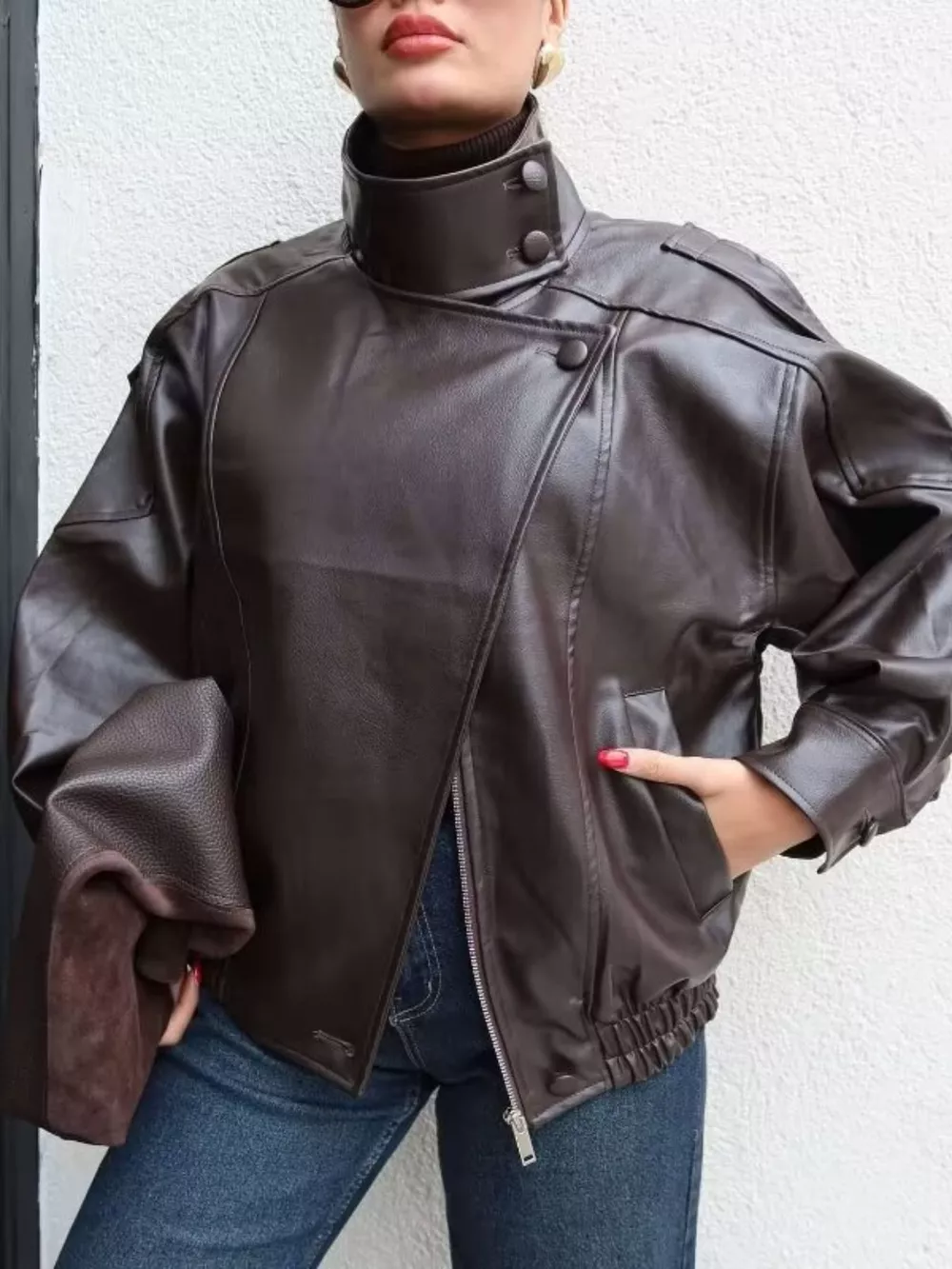 Zip-Up Faux Leather Moto Jacket, image 12