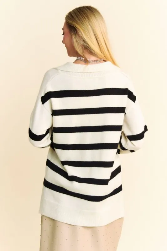 High-Low Side Slit Striped Johnny Collar Sweater, image 2