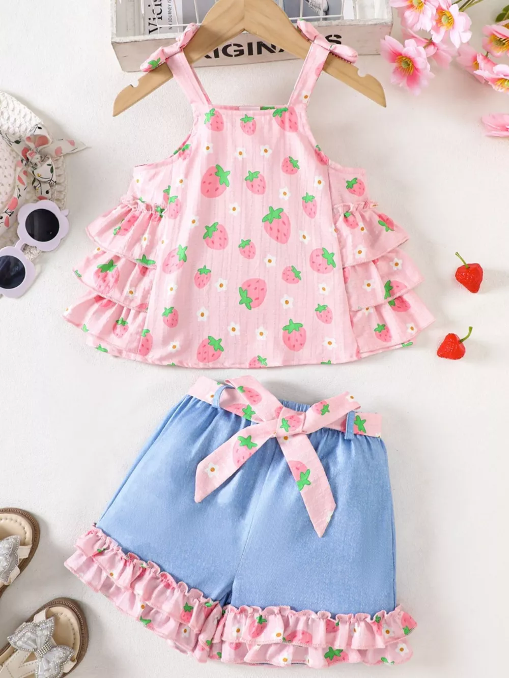 Children's Strawberry Print Ruffled Cami and Shorts Set