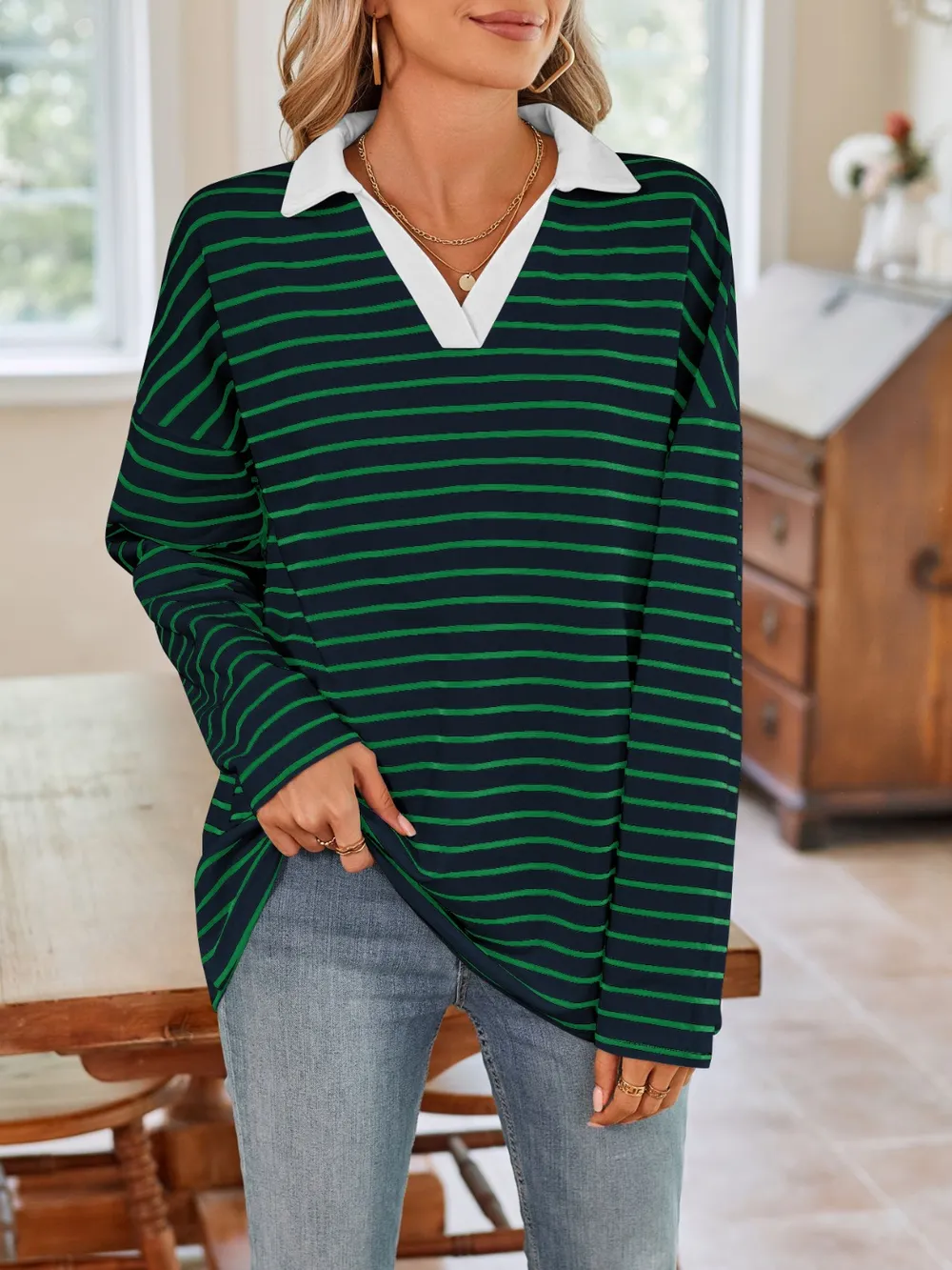 Striped Johnny Collar Long Sleeve T-Shirt, image 15
