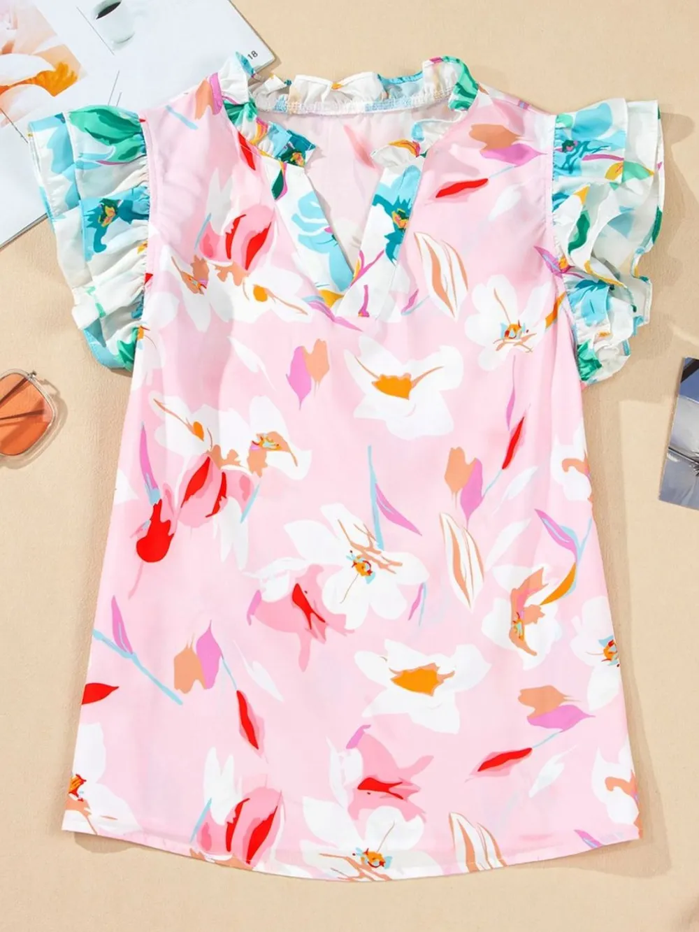 Printed Notched Cap Sleeve Blouse, image 4