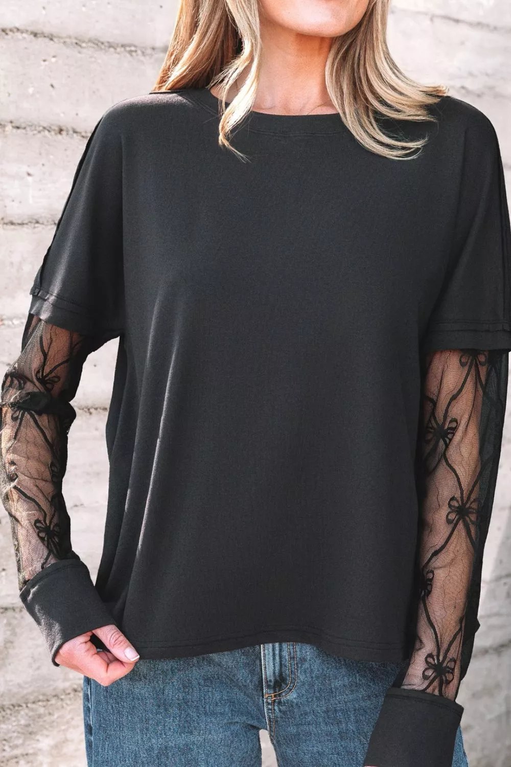 Round Neck Lace Sleeve Relaxed Fit Top, image 4