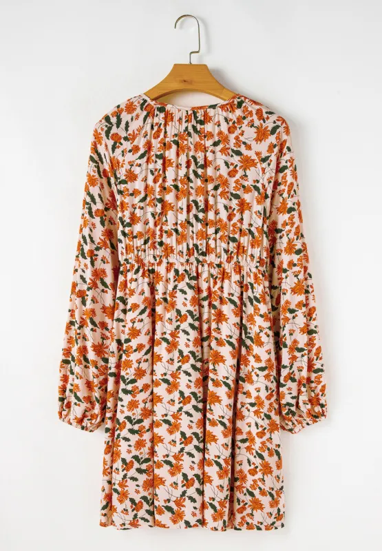 Smocked Printed V-Neck Long Sleeve Dress, image 8