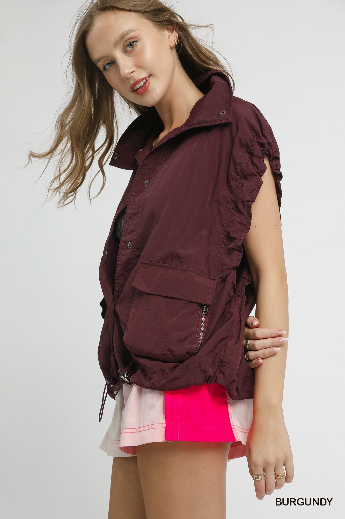 Drawstring Hem Nylon Vest with Pockets, image 2