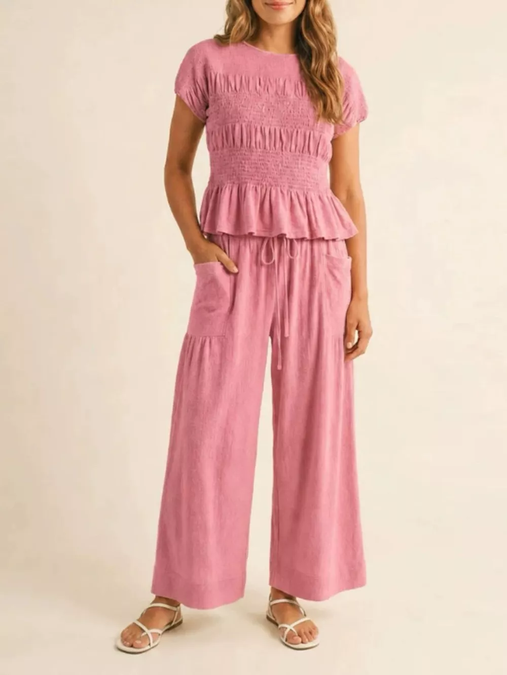 Smocked Peplum Top and Wide-Leg Pants Set