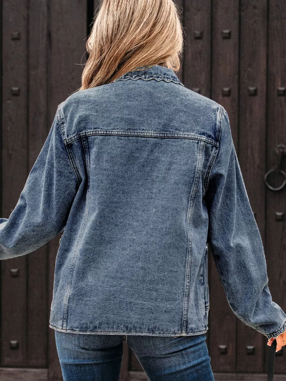 Scallop Trim Collar Patched Pocket Button Up Denim Jacket, image 15