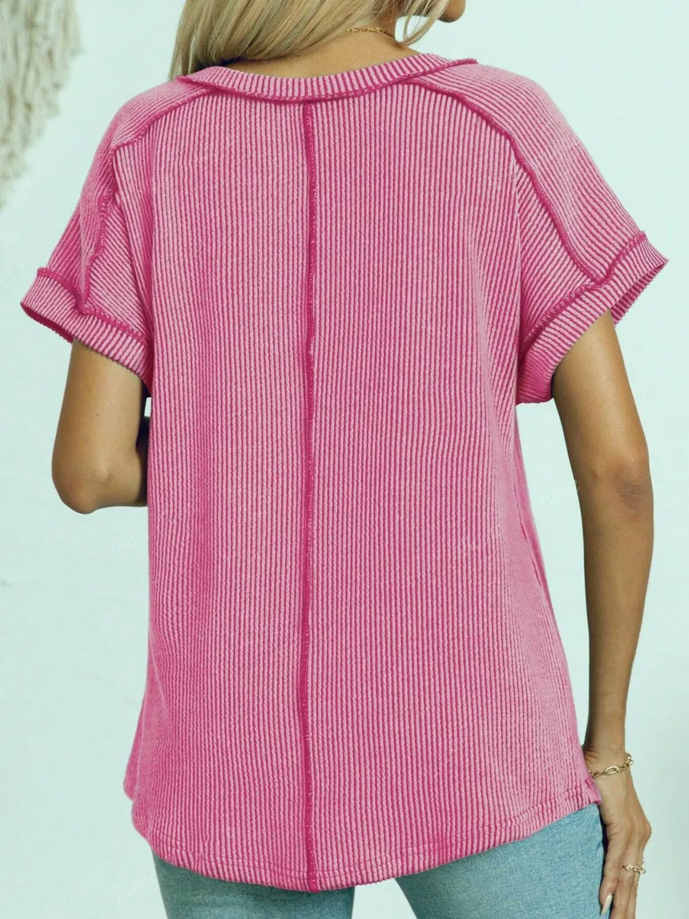Exposed Seam V-Neck Short Sleeve Top, image 7