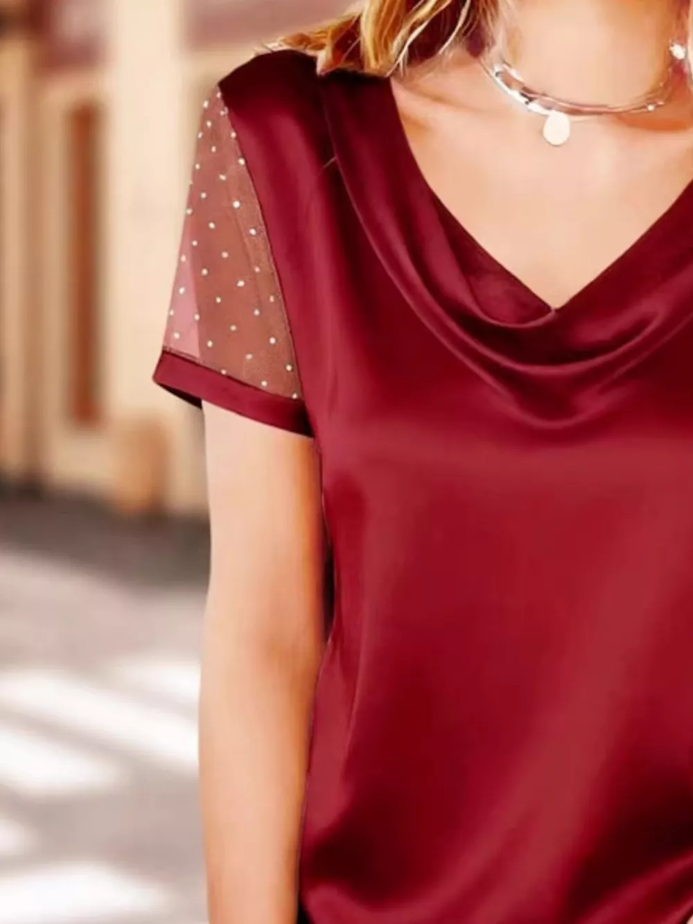 Cowl Neck Polka Dot Short Sleeve Top, image 7