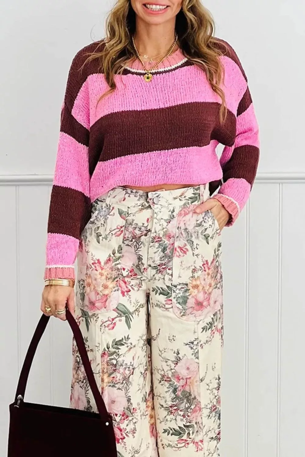 Striped Drop Shoulder Long Sleeve Pullover Regular Fit Knit Sweater, image 3
