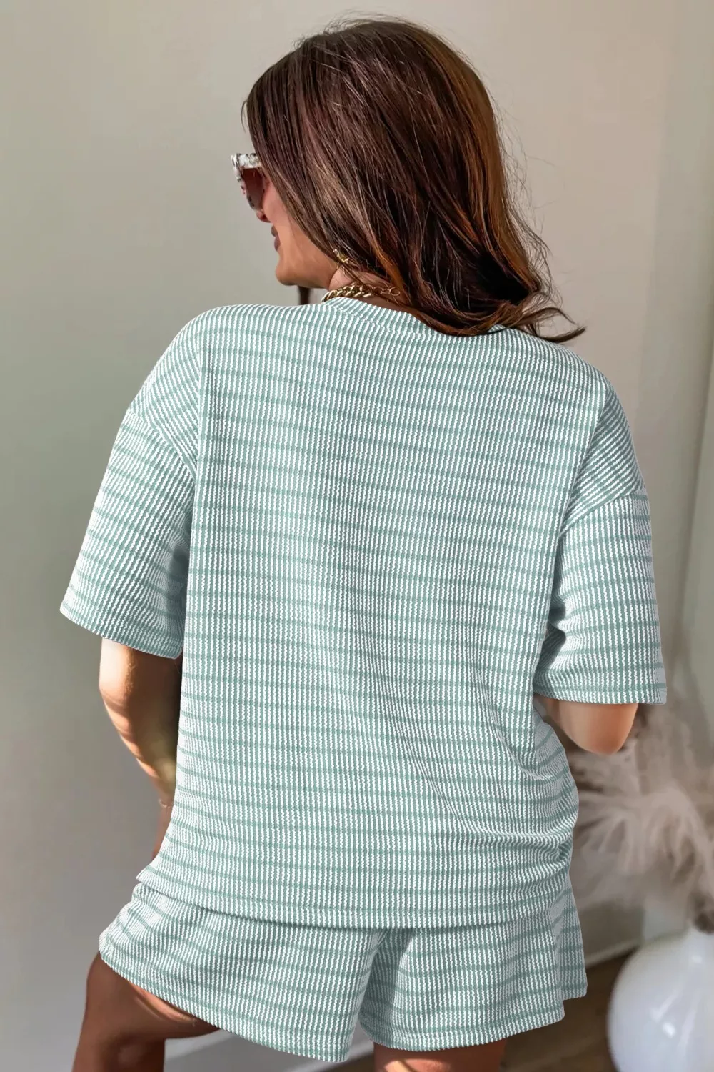 Stripe Raised Rib Loose Tee Drawstring Elastic Waist 2pcs Short Set, image 10