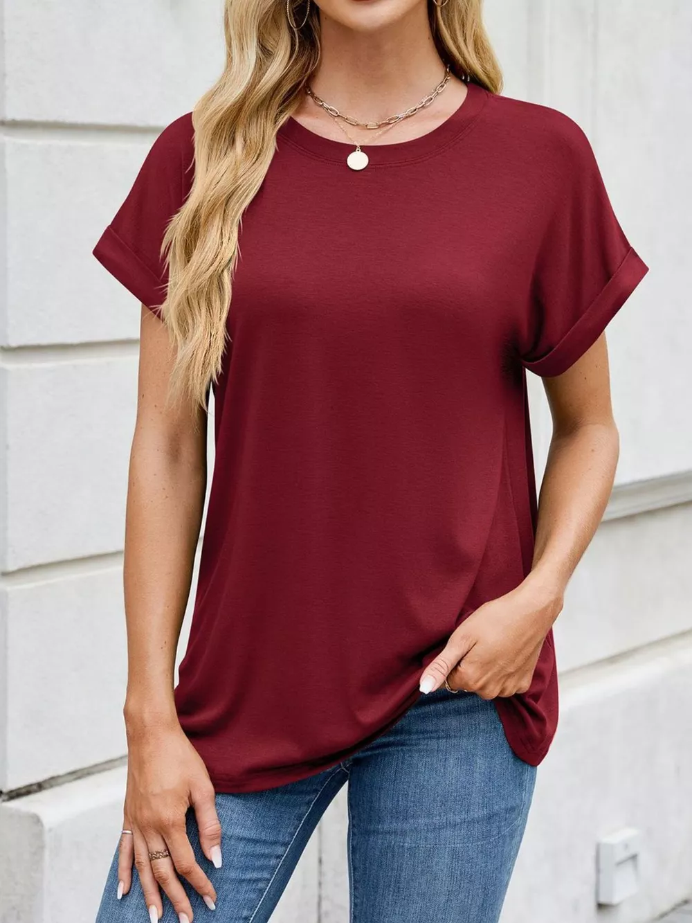 Casual Rolled Sleeve Solid Color T-Shirt, image 22