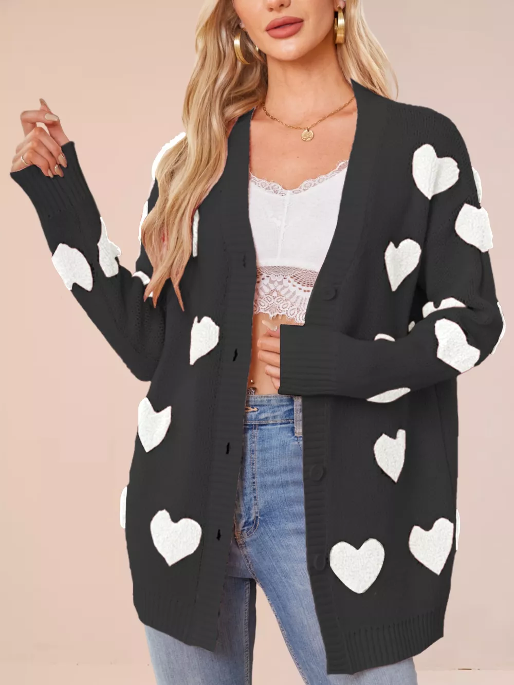 Heart Pattern Knit Button-Up Cardigan, image 15