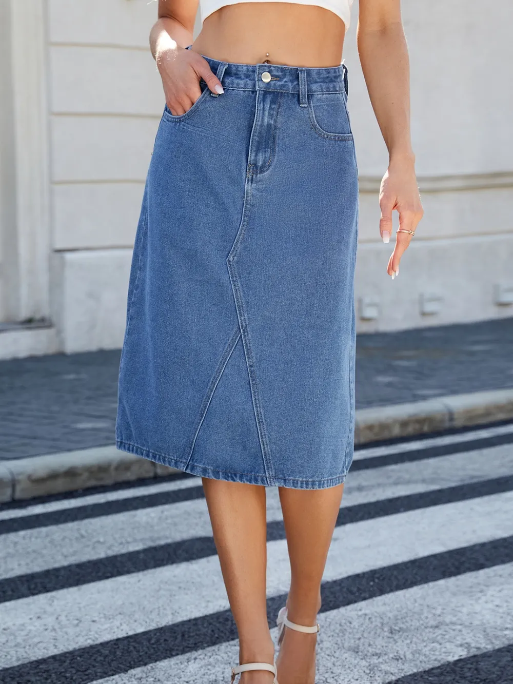 Slit Back Midi Denim Skirt, image 9