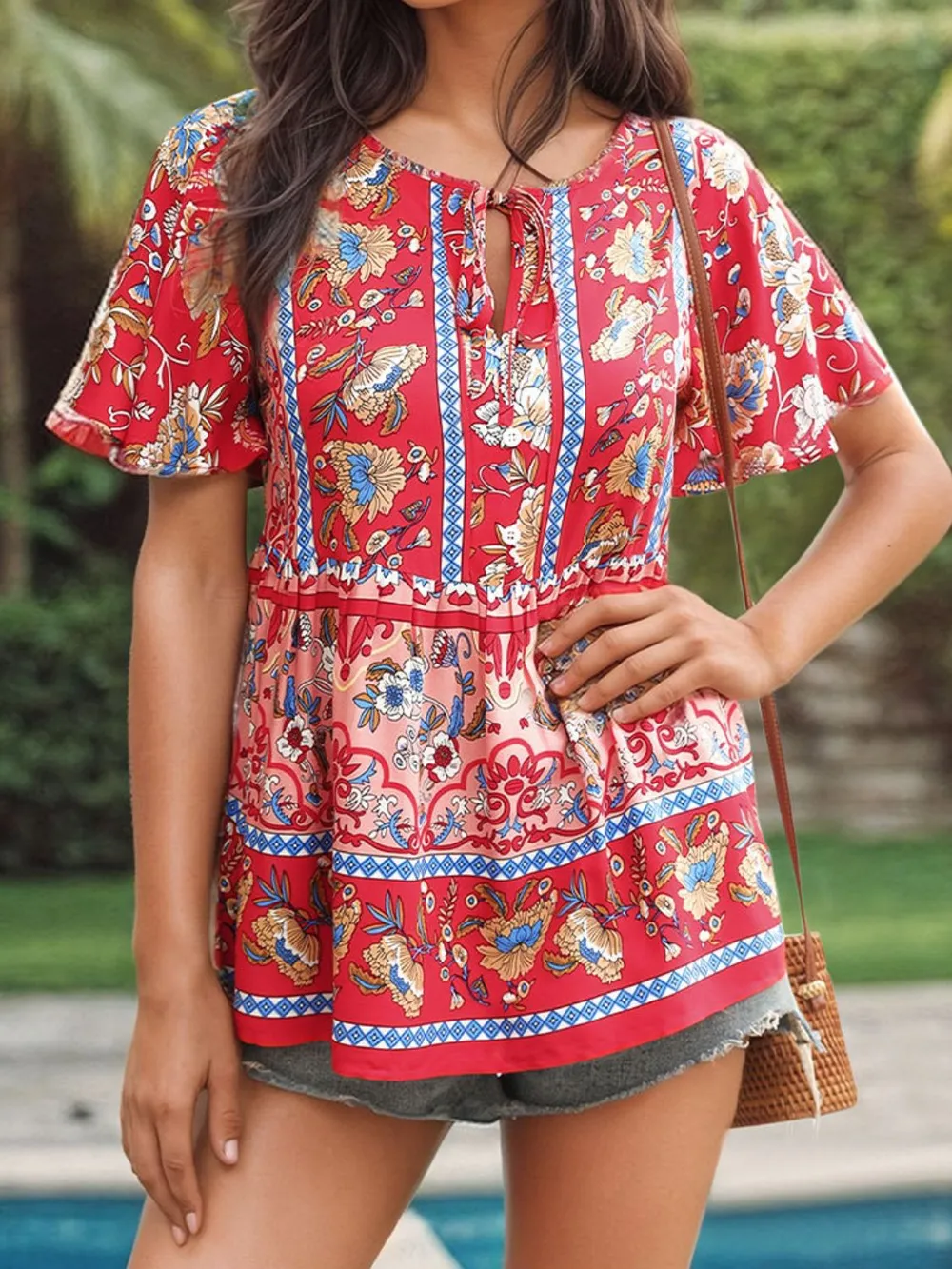 Floral Print Tie Neck Flutter Sleeve Blouse, image 8