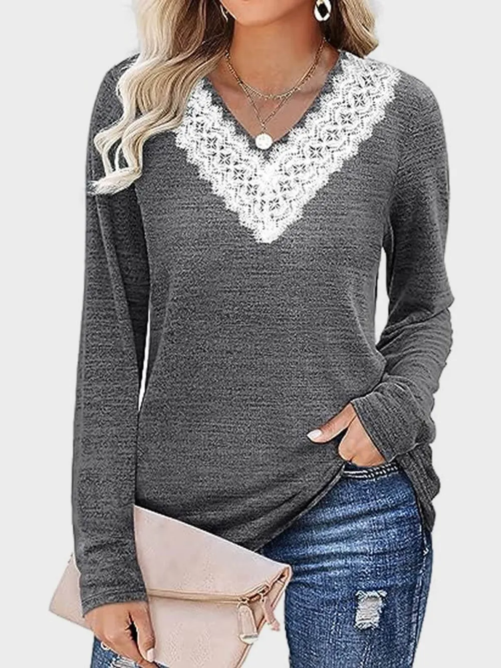 Lace Detail V-Neck Long Sleeve T-Shirt, image 10