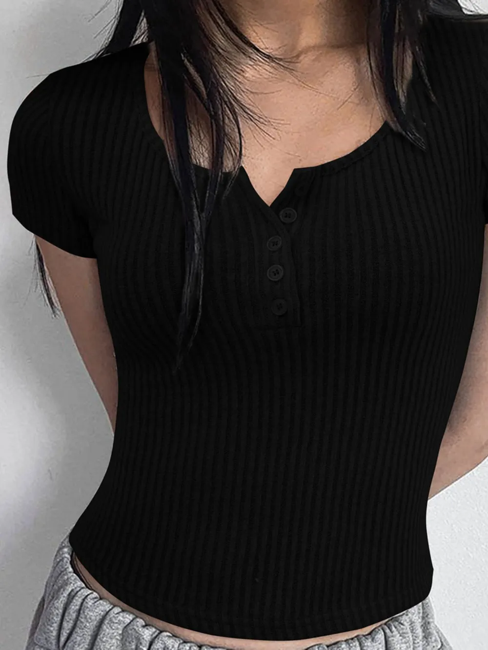 Ribbed Button Detail Round Neck Short Sleeve T-Shirt, image 11