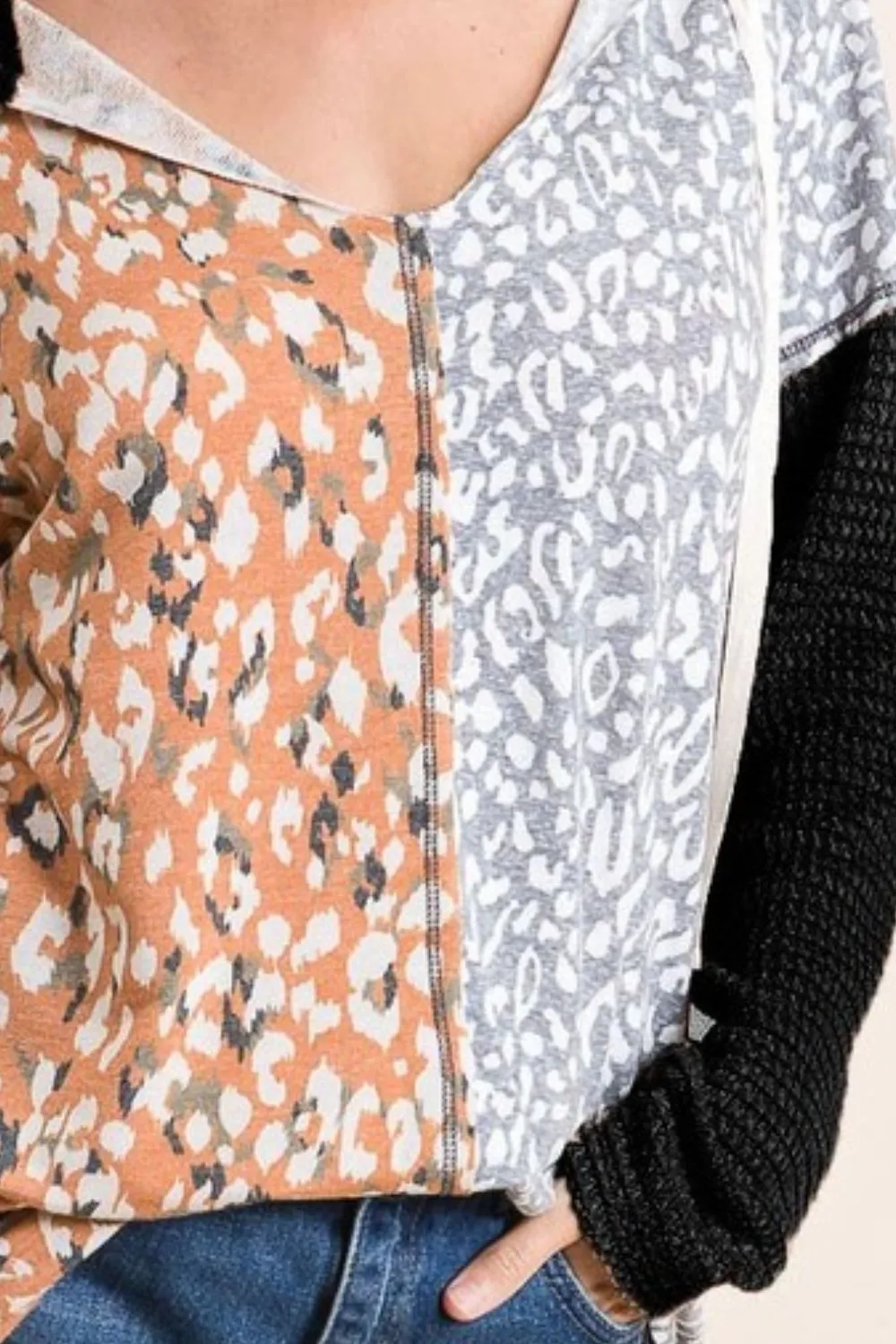 Popcorn Waffle Knit Hoodie with Print Block Front, image 3