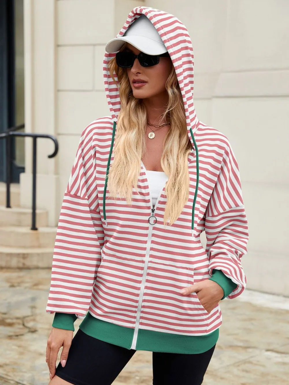 Drawstring Striped Zip Up Long Sleeve Hoodie, image 13