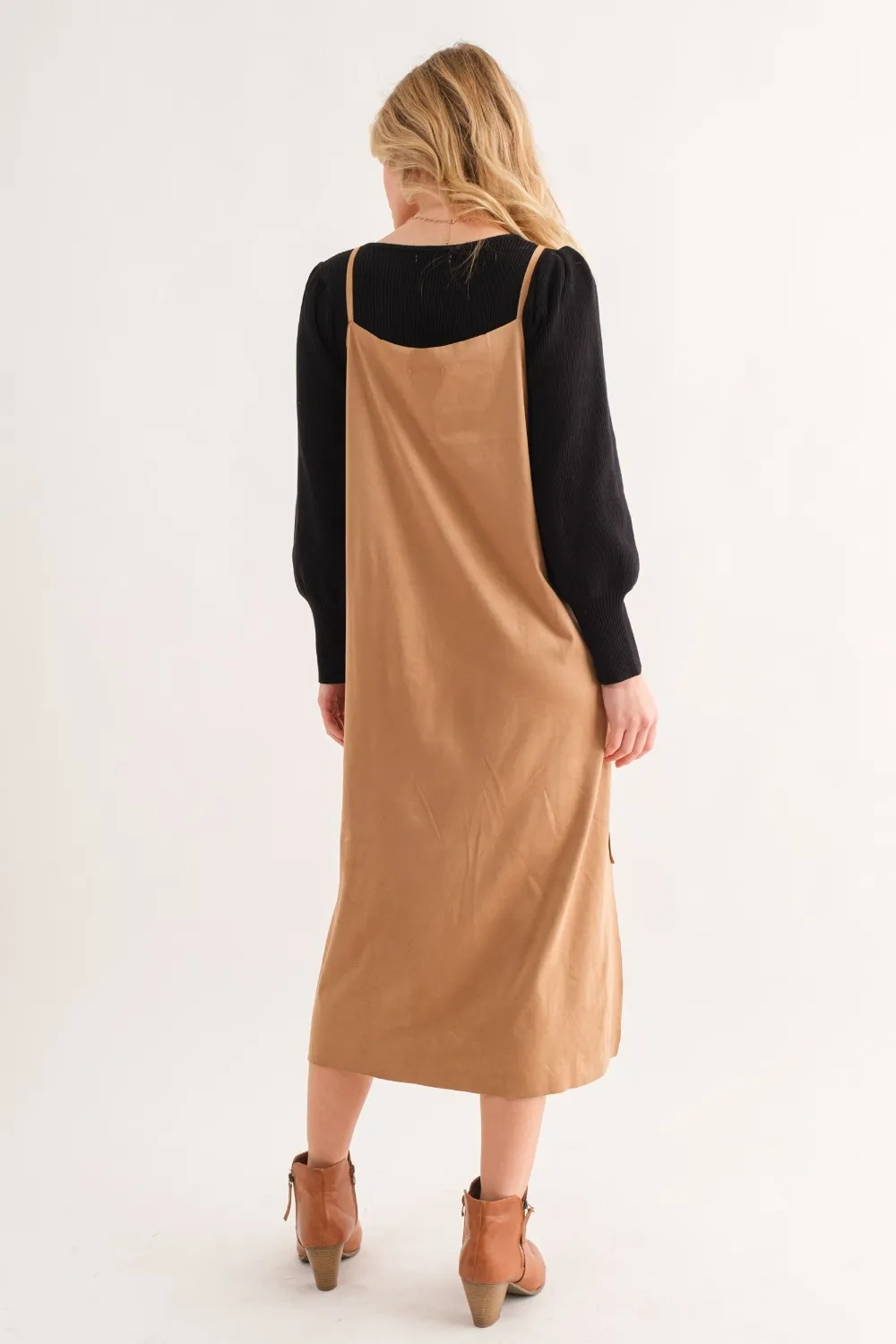 Faux Suede Cut Edge Slit Cami Midi Dress, image 4