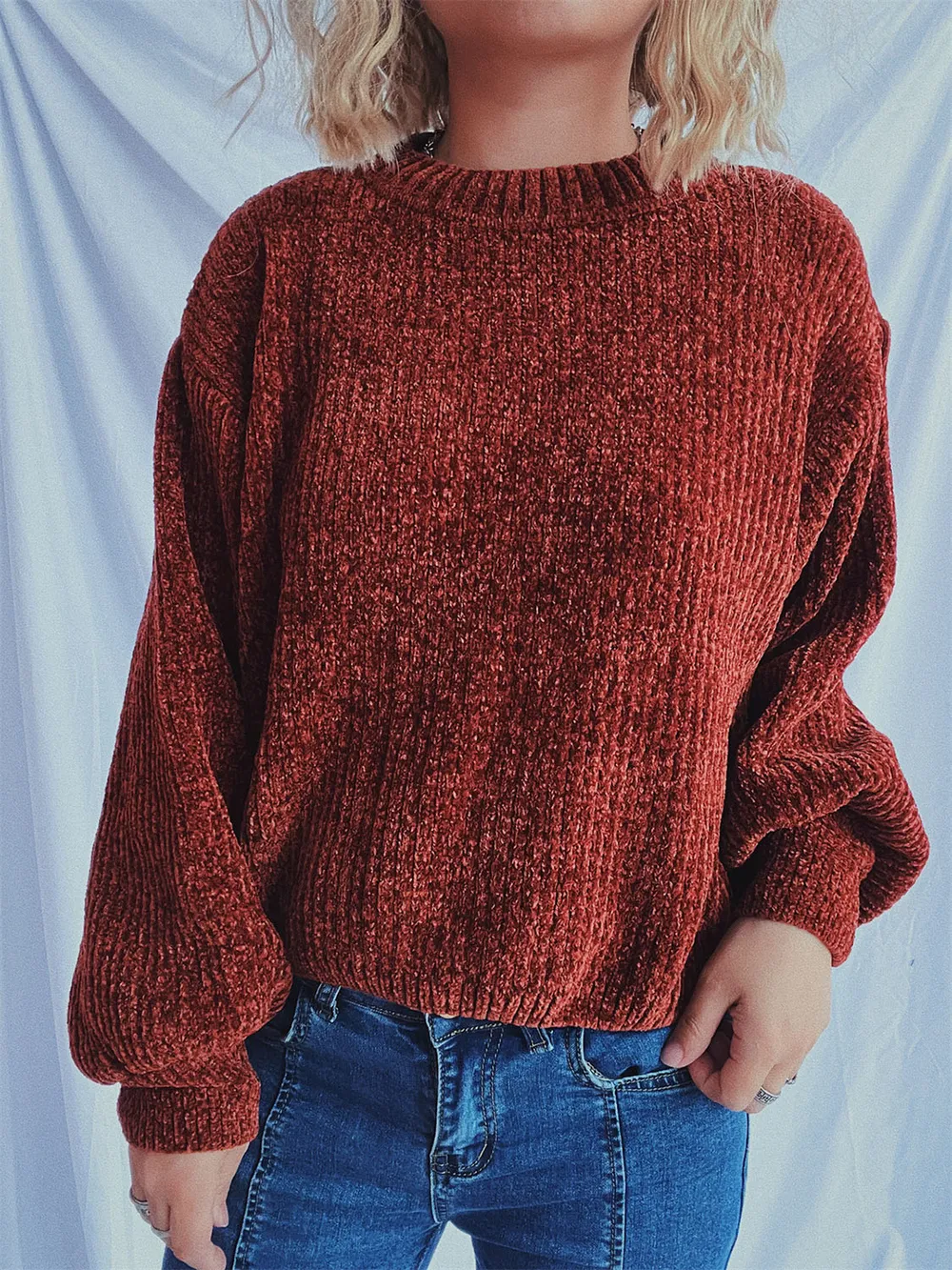 Round Neck Dropped Shoulder Long Sleeve Sweater, image 6