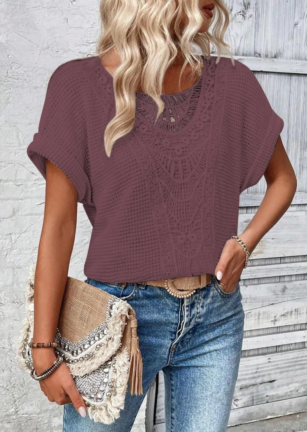 Crochet Lace Short Sleeve Casual T-Shirt, image 14