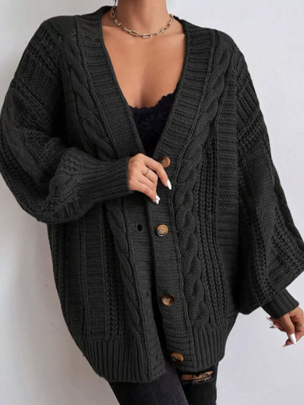 Cable Knit V-Neck Button-Down Cardigan, image 4