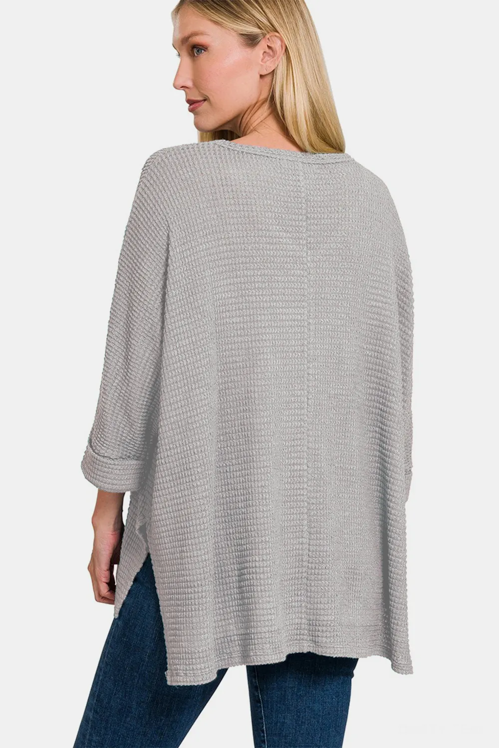 Waffle Knit V-Neck Long Sleeve Slit Top, image 2