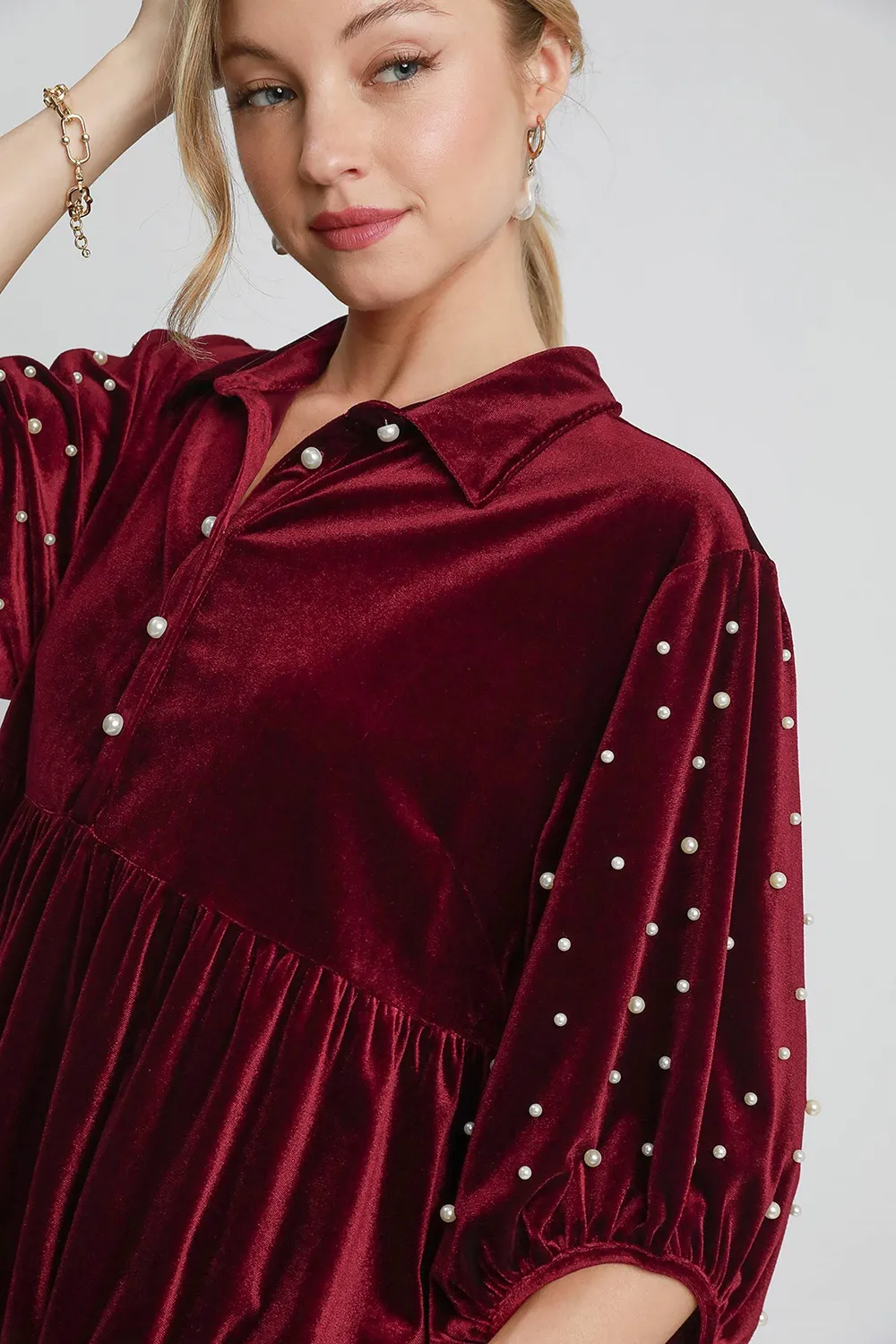 Pearl Detail Collared Neck Velvet Babydoll Blouse, image 5