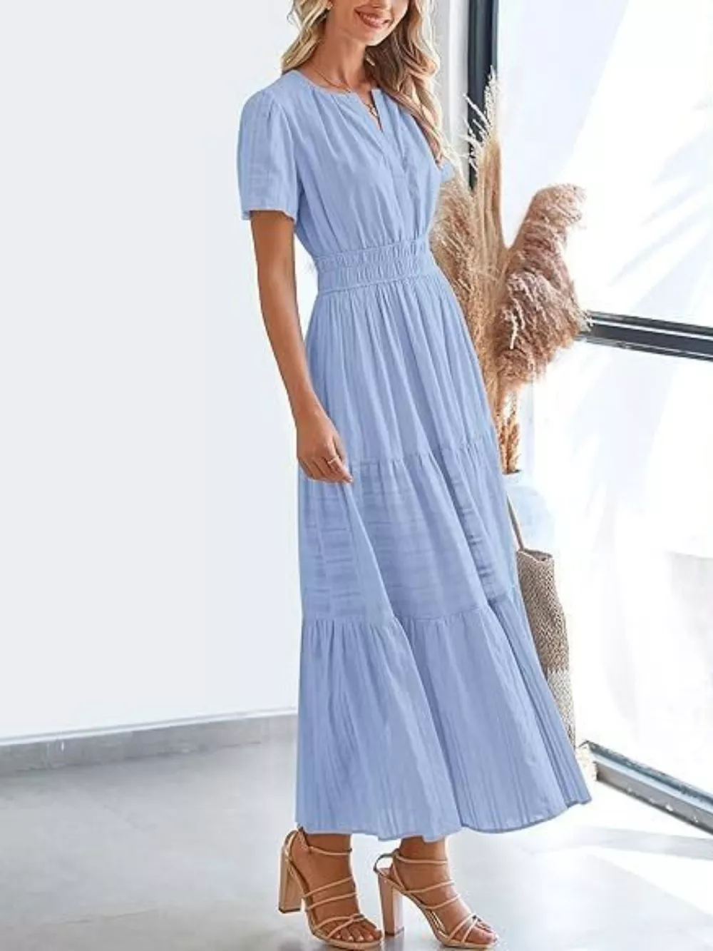Notched Short Sleeve Tiered Dress, image 14