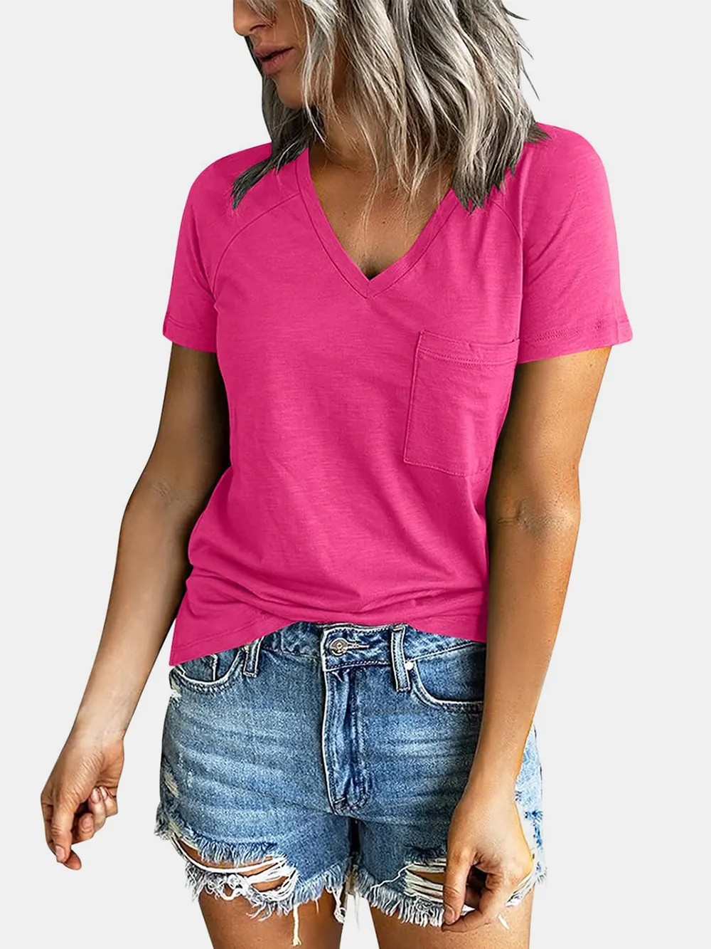 Pocketed V-Neck Short Sleeve T-Shirt, image 17