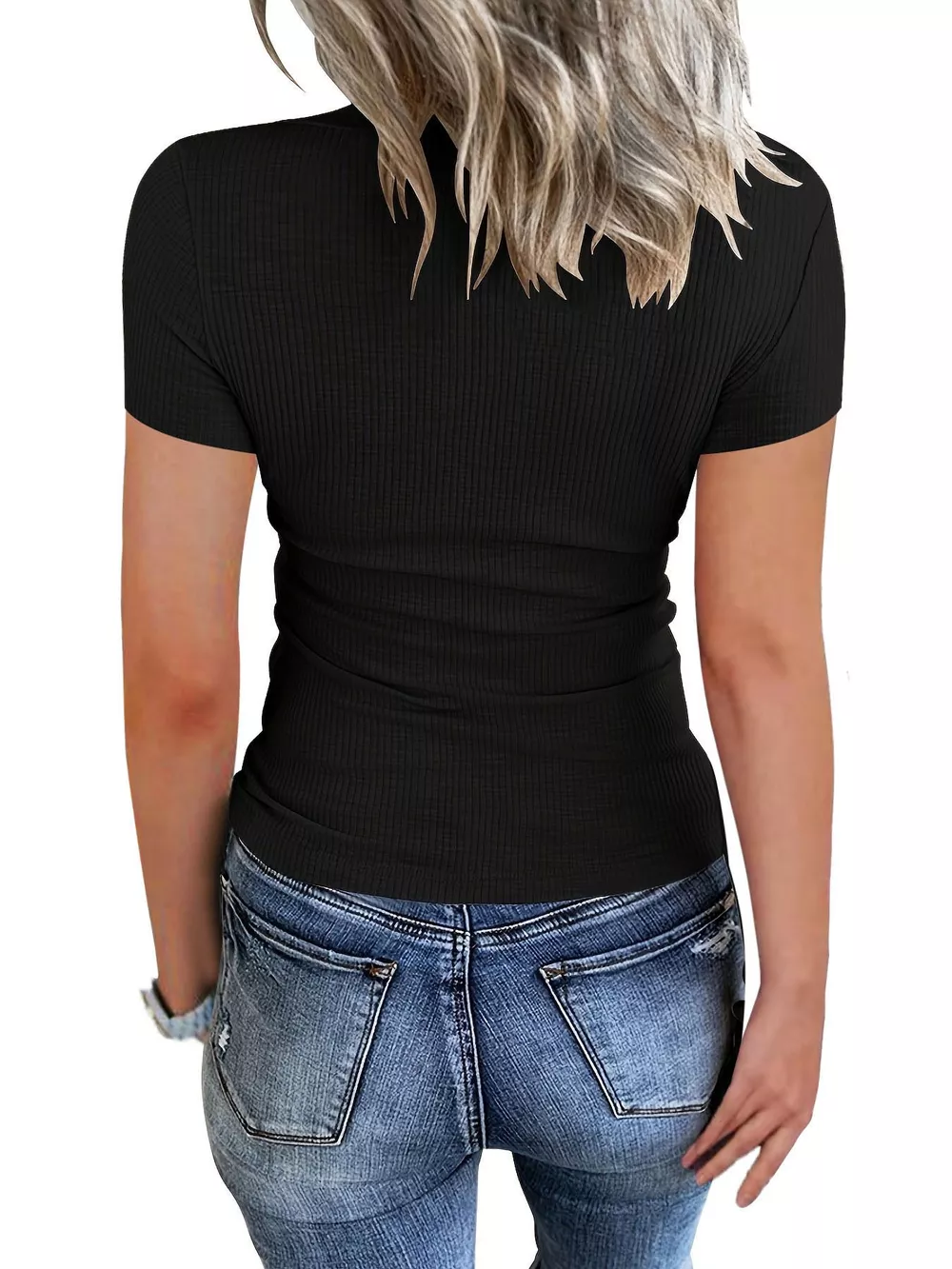 Ribbed Knit T-Shirt with Button Detail, image 2